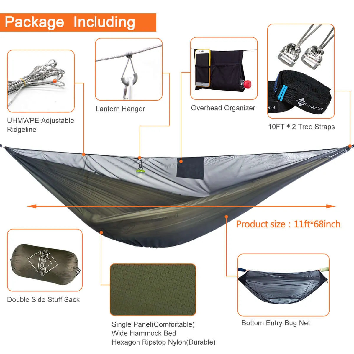 Aerie 11'  Double Camping Hammock With Mosquito Net